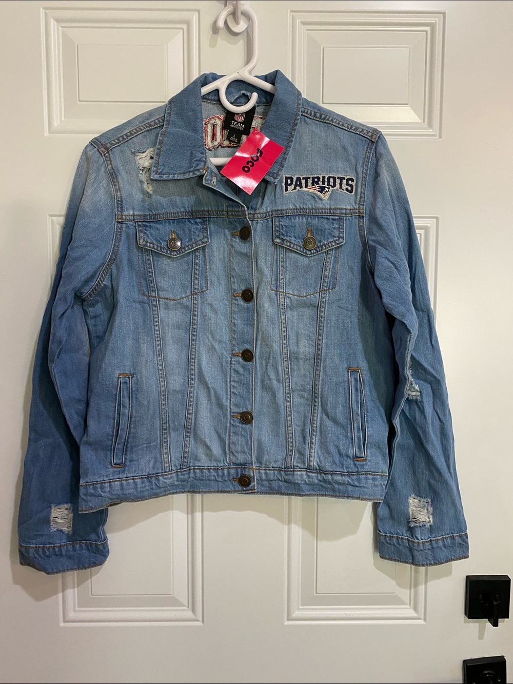 New England Patriots Light Blue Distressed Denim Jacket - Women's